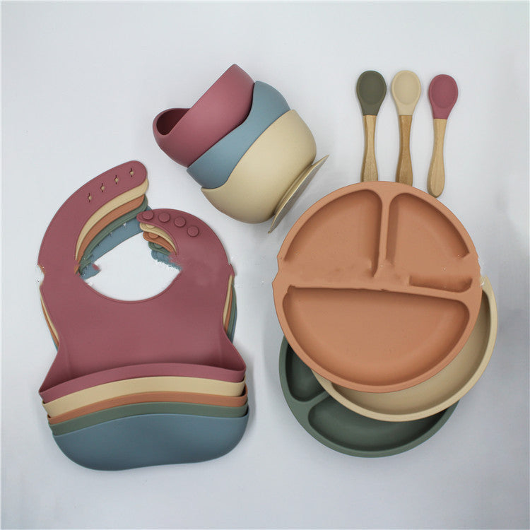 Bib Dinner Plate Spoon Bowl 4 Piece Set Silicone Baby Bowl Bib Plate