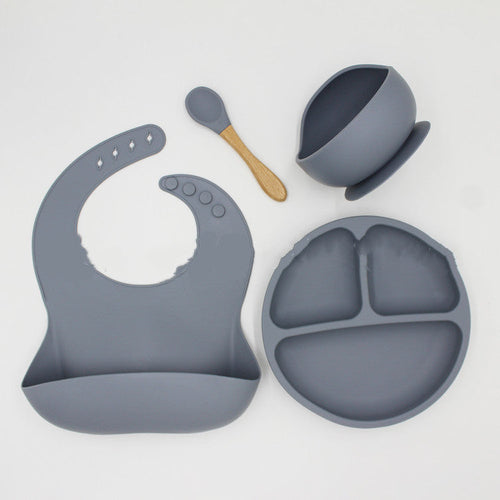 Bib Dinner Plate Spoon Bowl 4 Piece Set Silicone Baby Bowl Bib Plate
